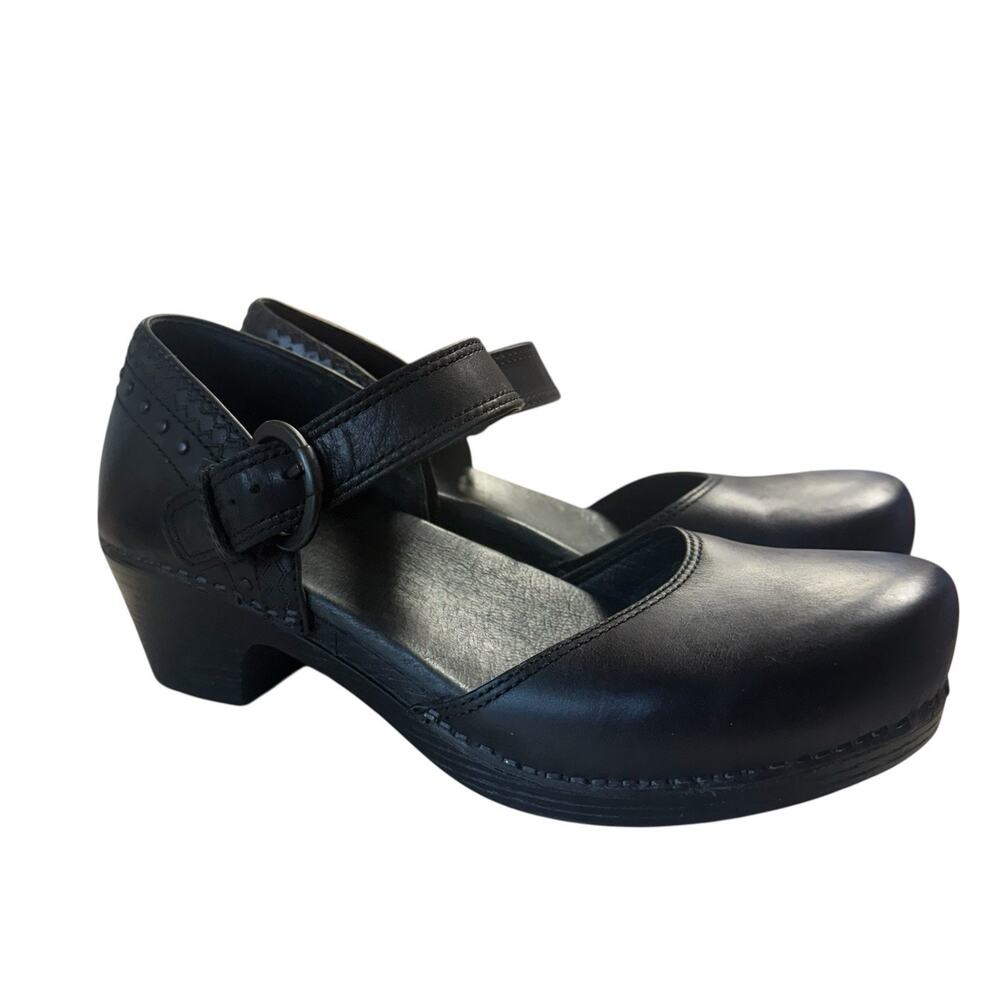 Dansko Black Leather Clogs with Strap